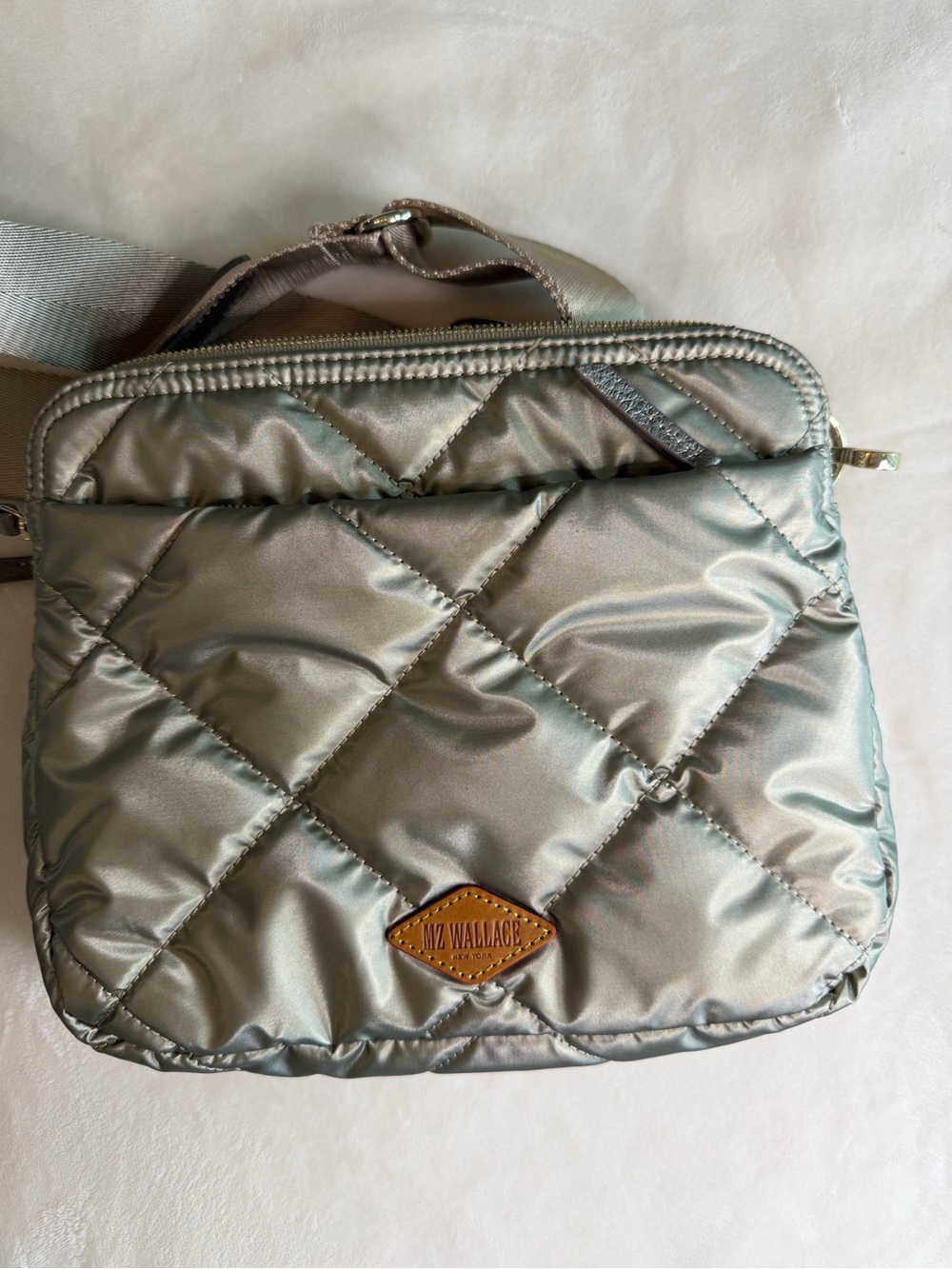 MZ Wallace Quilted Crosby Crossbody Bag in Metallic green/gold.